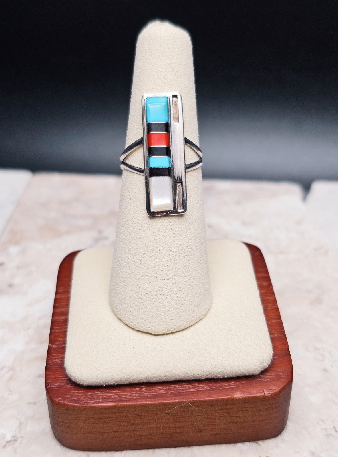 Vintage Zuni Sterling Silver Multi-Stone Inlay Ri… - image 2