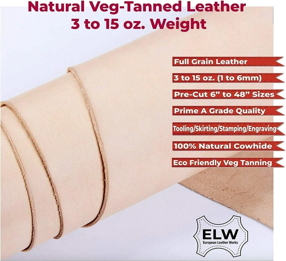 ELW Veg Tan Full Grain Tooling Leather 3/4 to 13/15 oz (1-6mm) Pre-Cut 6" to 48" - Image 4 of 4