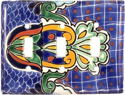TalaMex Mexican Ceramic Wall Plate Blue Mesh Triple Toggle  Switch Plate