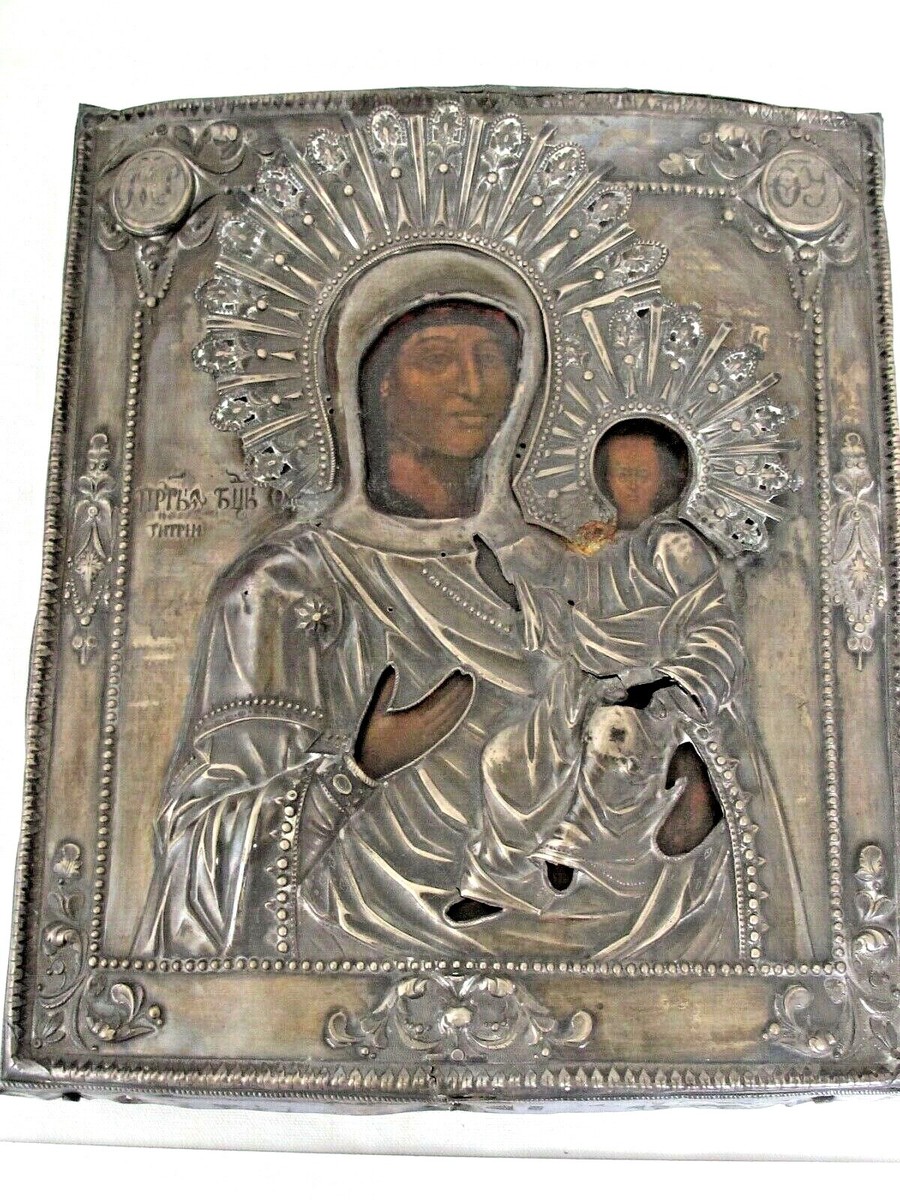Antique Russian Icon Silver Oil Painting Mother of God and