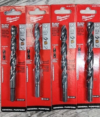 4 Milwaukee Black Oxide Twist Drill Bits 27/64, 13/32, 7/16, & 15/32  New