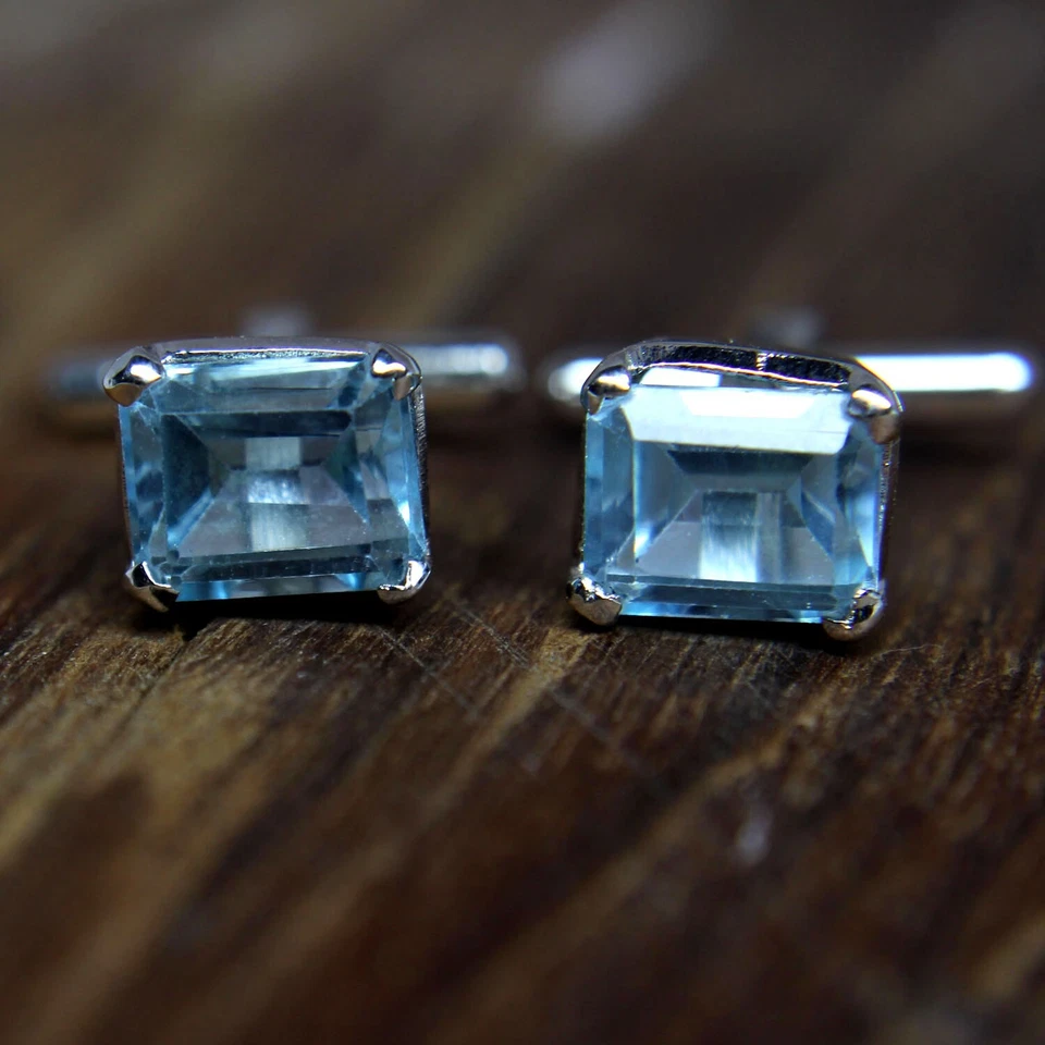 Мужские простые запонки ручной работы из стерлингового серебра 925 пробы с голубым топазом восьмиугольником - Изображение 2 из 4