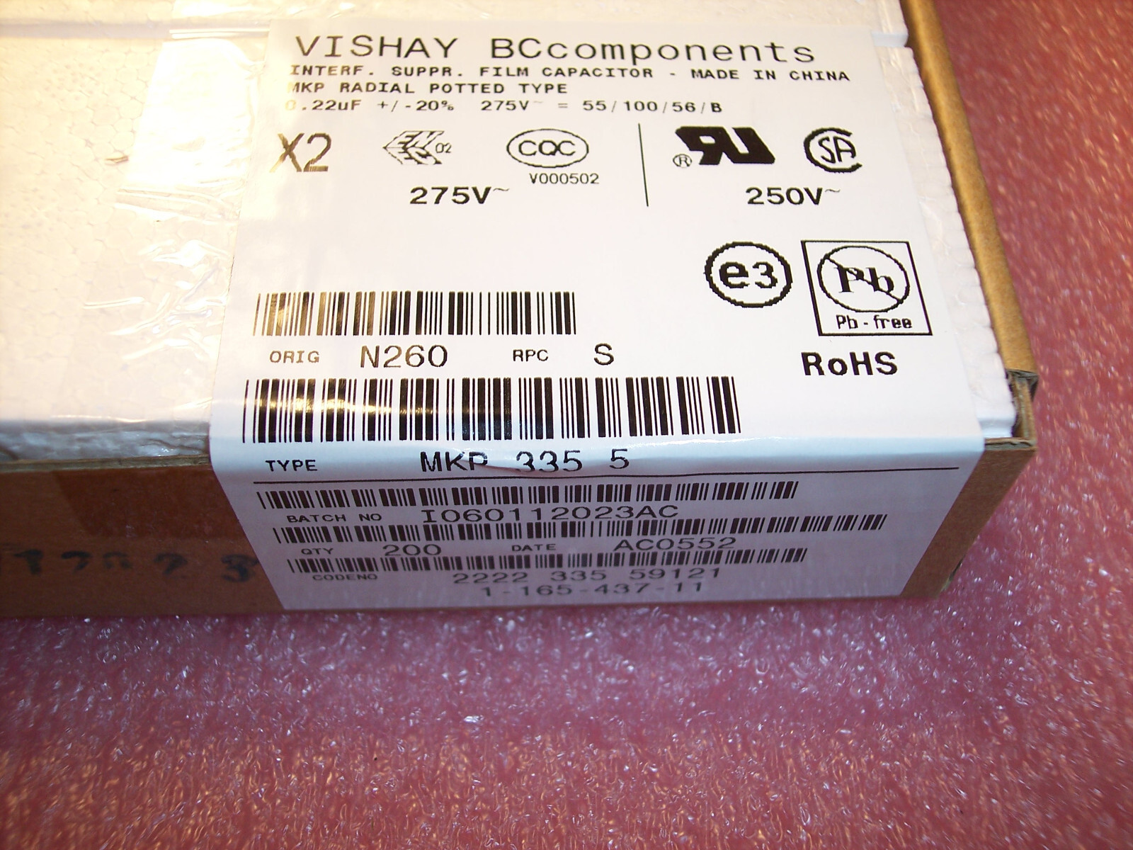 QTY (200) .22uf 250V 275V 20% X2 METALLIZED POLYPROPYLENE FILM 2222-335-59121 BC