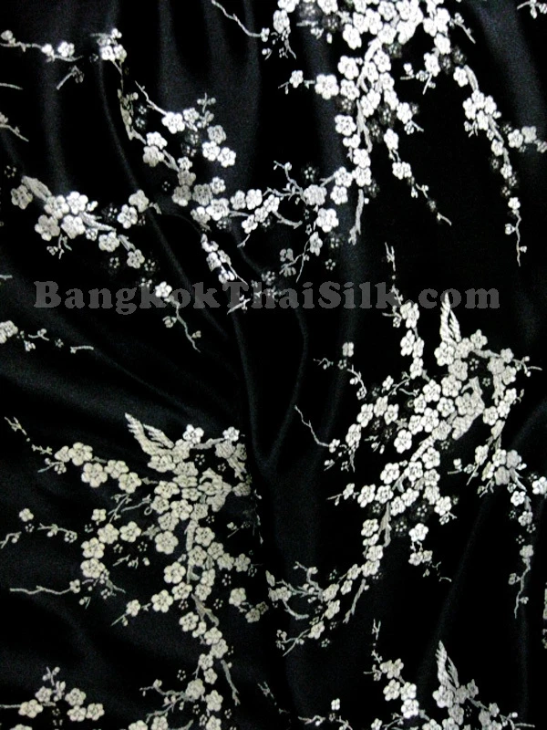 Ткань вишневый цветок кизил искусственный шелк парча материал 36 дюймов ширина BTY черное серебро  - Изображение 3 из 4