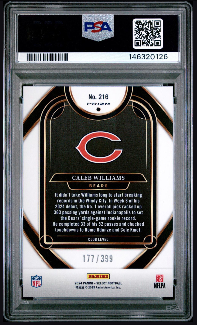 2024 Select Caleb Williams Club Level Orange Shock /399 RC PSA 9 #216 view 2