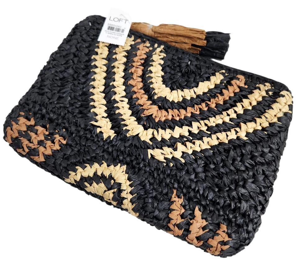 Bolso sin asas Loft Geo de paja con cremallera superior negro natural tejido multicolor nuevo con etiquetas Foto 4 de 4