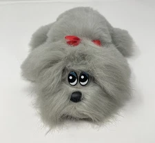 Vtg 80s Tonka Pound Puppies Newborn Furries Plush Grey Dog Long Fur Red Bow