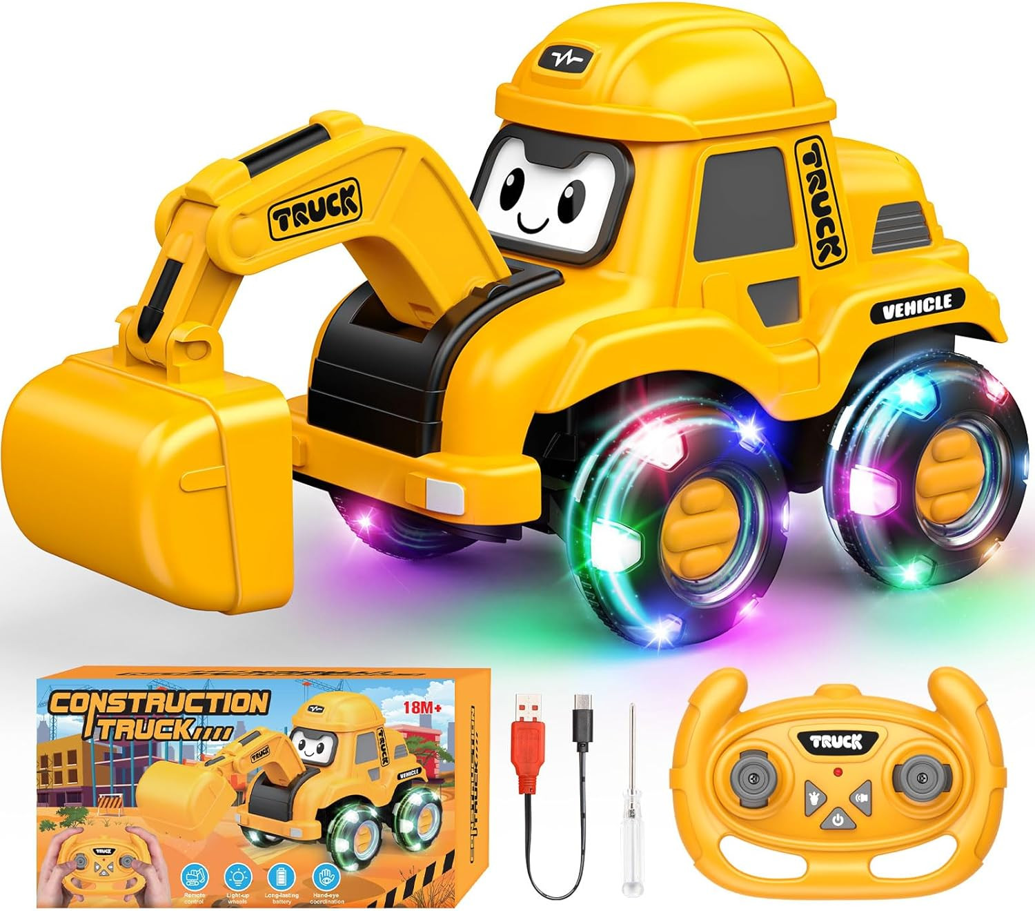 Macchina Telecomandata per Bambini, Escavatore Giocattolo Con Luce LED E Suono,
