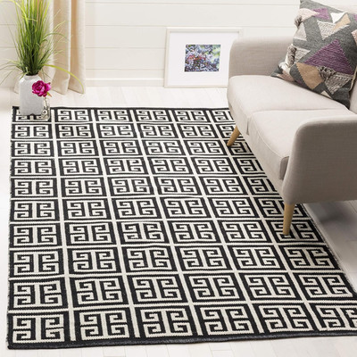 Handmade Cotton Area Rug 8x10 - Black & Ivory Greek Key - Montauk Collection