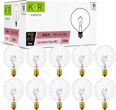 KOR (Pack of 10 G16.5 Clear Finish, Decorative (E12) Candelabra Base Globe Shape