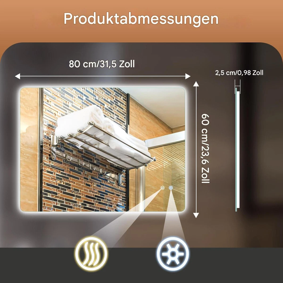 60x80cm LED Badezimmerspiegel Badspiegel Wandspiegel Beschlagfrei 3 Lichtfarben