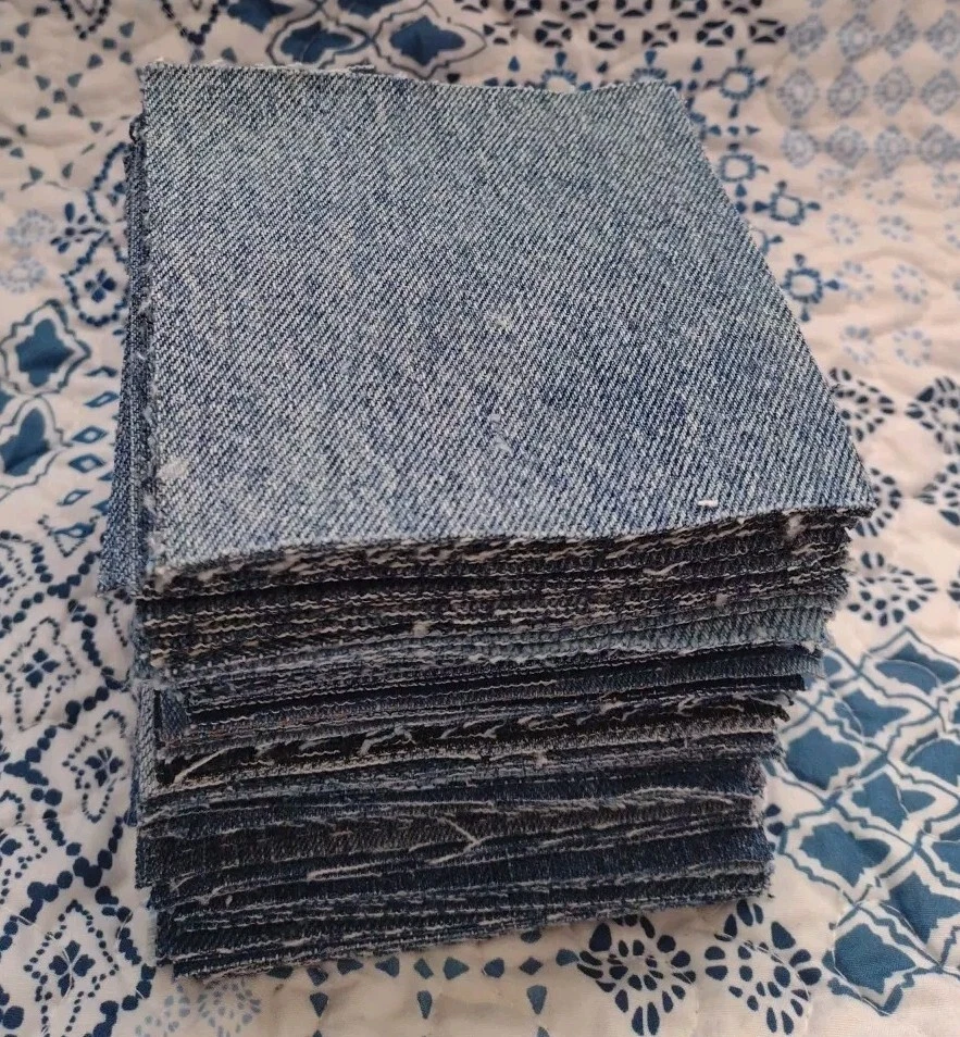 Hand Cut Denim Blue Jean Fabric Squares 4" X 4" Lot Of 100 For Rag Quilt Craft - Image 2 of 2