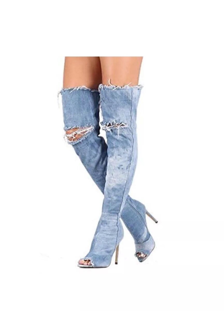Liliana Barbara-13 Thigh High Over Knee Denim Open Toe Liliana Barbara-13 Thigh High Over Knee Denim Open Toe