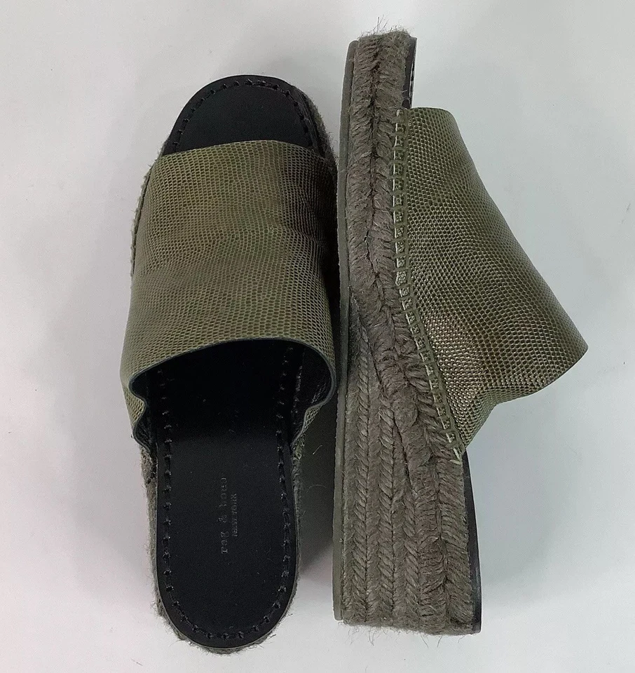 Rag & Bone Viv Espadrille Safari Khaki Micro Croco Leather Mule Sandals Sz 8/38 - Image 2 of 4