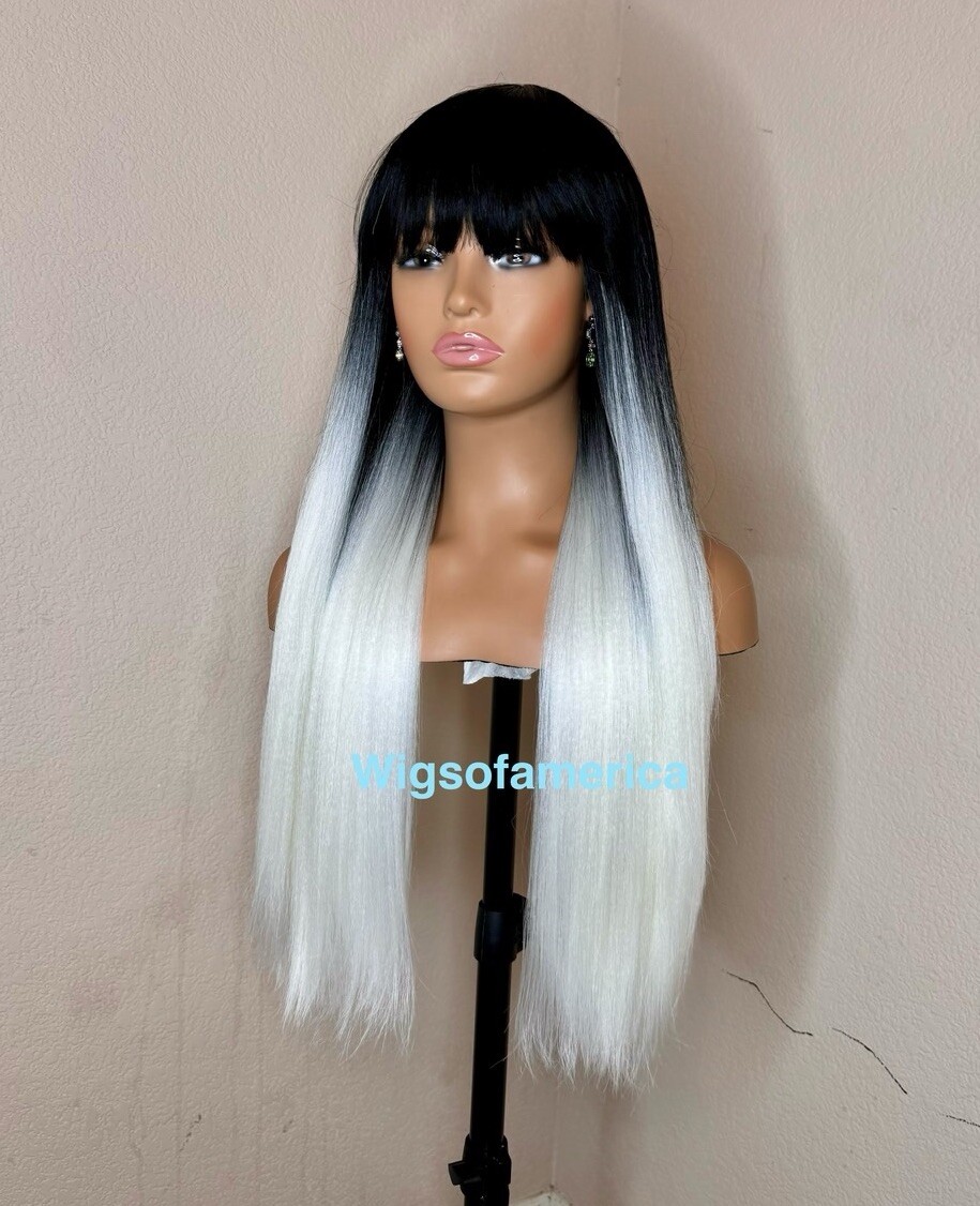 White Wig With Bangs Straight Ombre Black 26 Inches Long  display picture 3