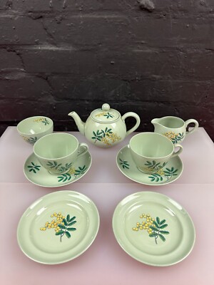 Copeland Spode Flämisch Grün Mimose Teeservice Teekanne Tassen Teller Untertassen Kanne Zucker