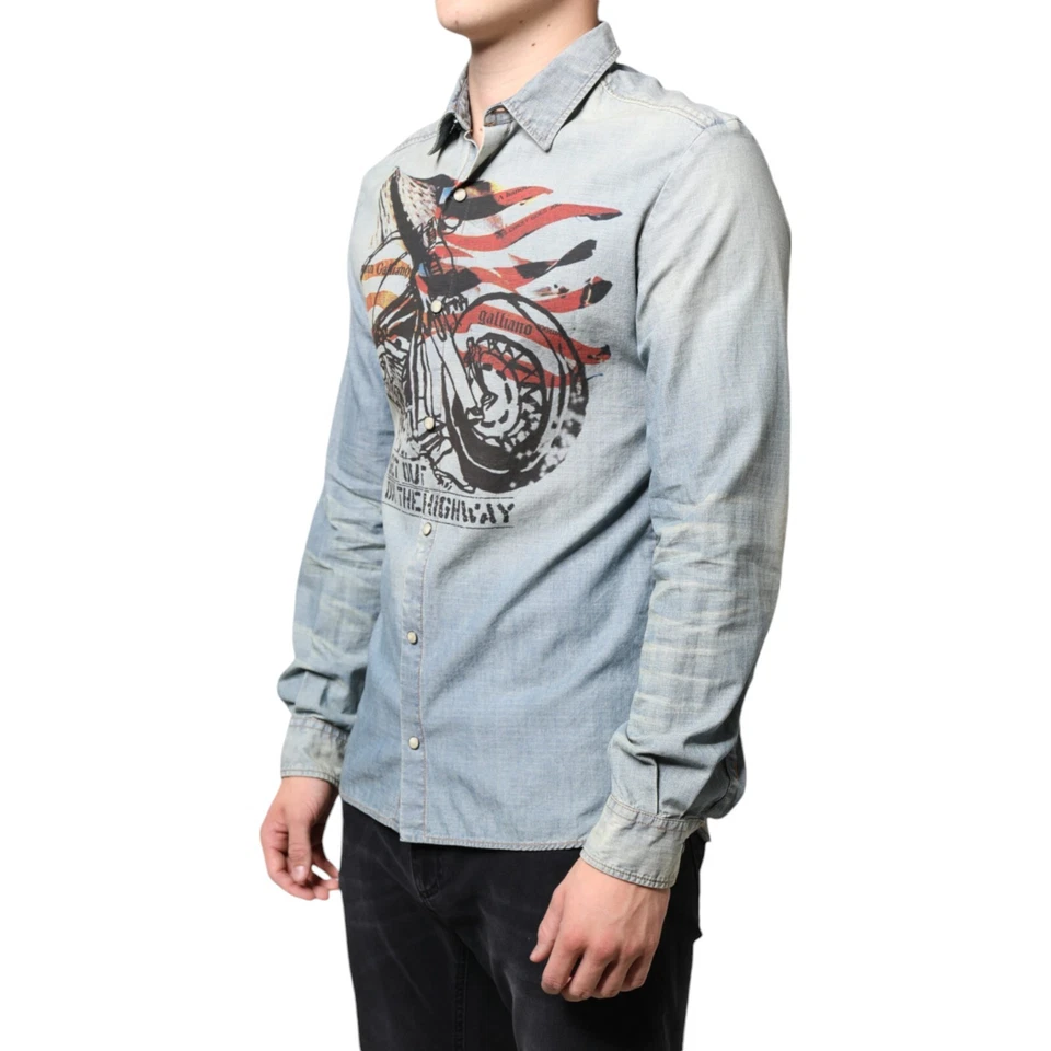 Camisa GALLIANO Azul Claro Estampado Algodón Denim Mangas Largas 38/US15/XS 400usd Foto 2 de 4