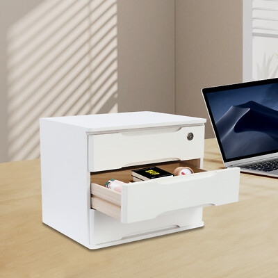 3-Tier White Tung Wood Desktop Organizer Locking 3 Drawers 15.35in With 2 Keys