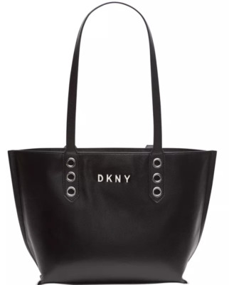 DKNY XL Bucket Tote Black Leather Shoulder Bag Silver Grommet Double Strap NWT
