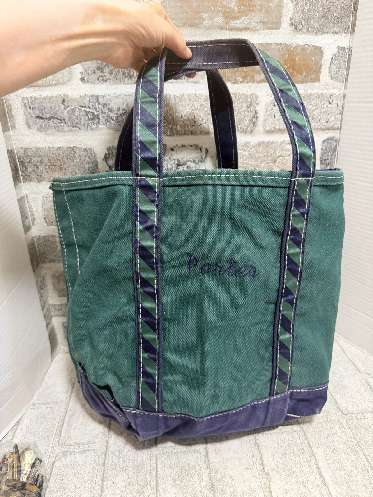Vintage LL Bean Boat And Tote Bag Medium green/blue canvas Rare Embroidered