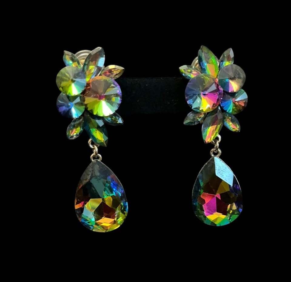 Vintage Aurora Borealis Rhinestone Clip-On Dangle Earrings