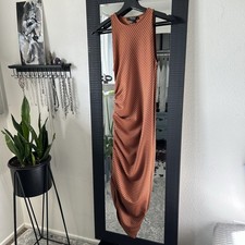 Forever 21 Brown Black Striped Ruched Knit Sleeveless Midi Bodycon Dress S