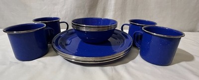 Enamelware Blue Speckled Lot 12 Piece Camping 10'' Plates Mugs Bowls Set for 4