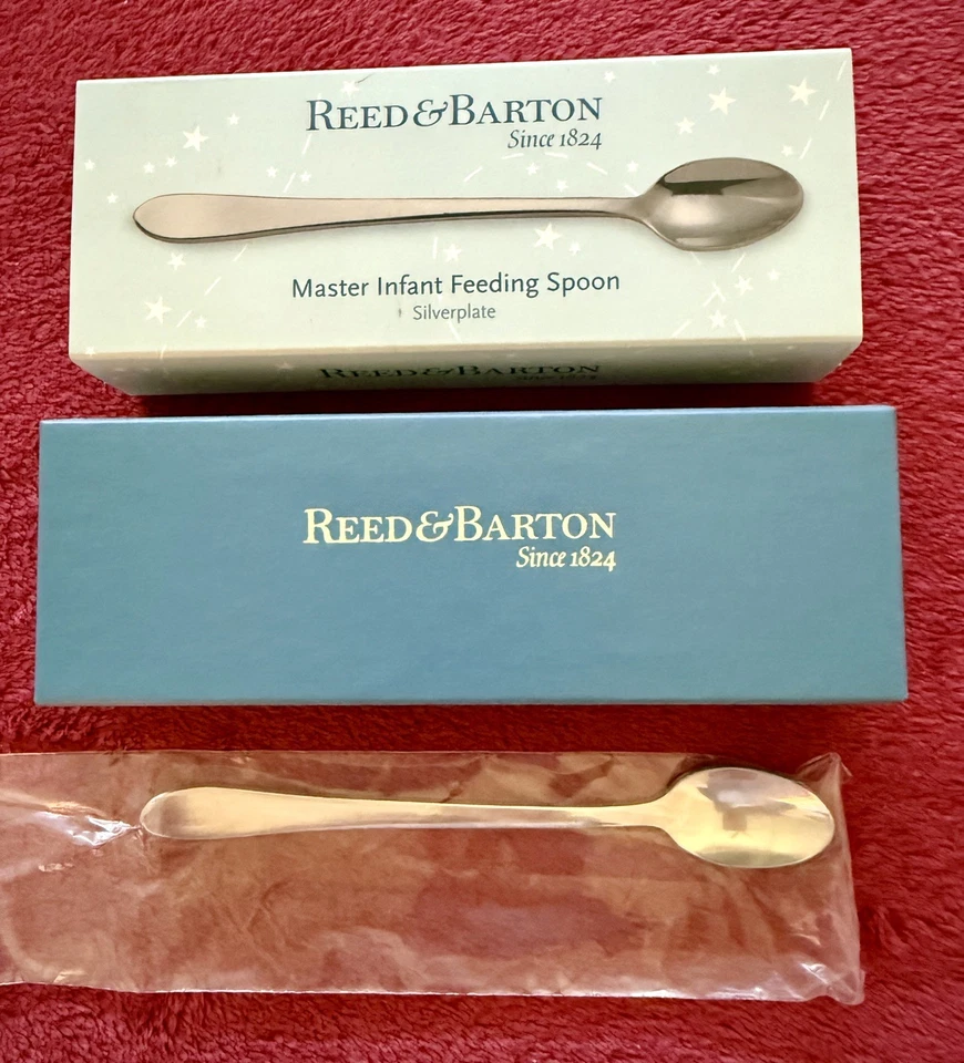 Nueva cuchara de alimentación infantil Reed & Barton plateada nueva con caja Foto 3 de 4