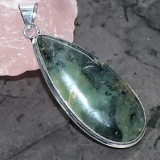 925 Silver Plated Moss Prehnite Ethnic Pendant Jewelry Size 2.3" MJ