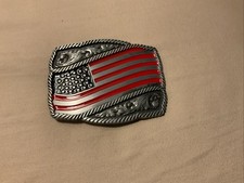 American Flag Belt Buckle, Western Cowboy, Cowgirl, Silver With Enamel