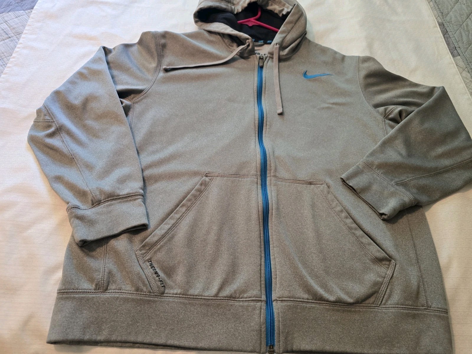 Mens Sz L Nike Therma-fit Full Zip Gray Hoodie Track Jacket Dri-Fit Blue Trim...