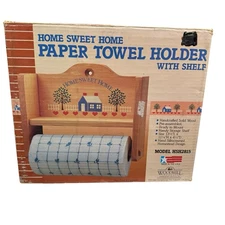 Vintage Paper Towel Holder Wooden Brown with Mounted Home Sweet Home W Shelf NIB