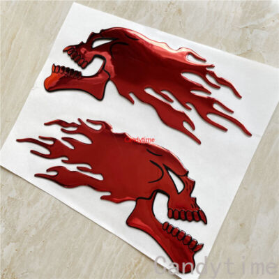 Red Motorcycle Fuel Tank Fairing 3D Emblem Decals Skull Flame Badge Sticker