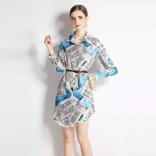 Vestito Abito Donna Corto Azzurro Fiori Manica Cintura Elegante Raso GIPSY 42117