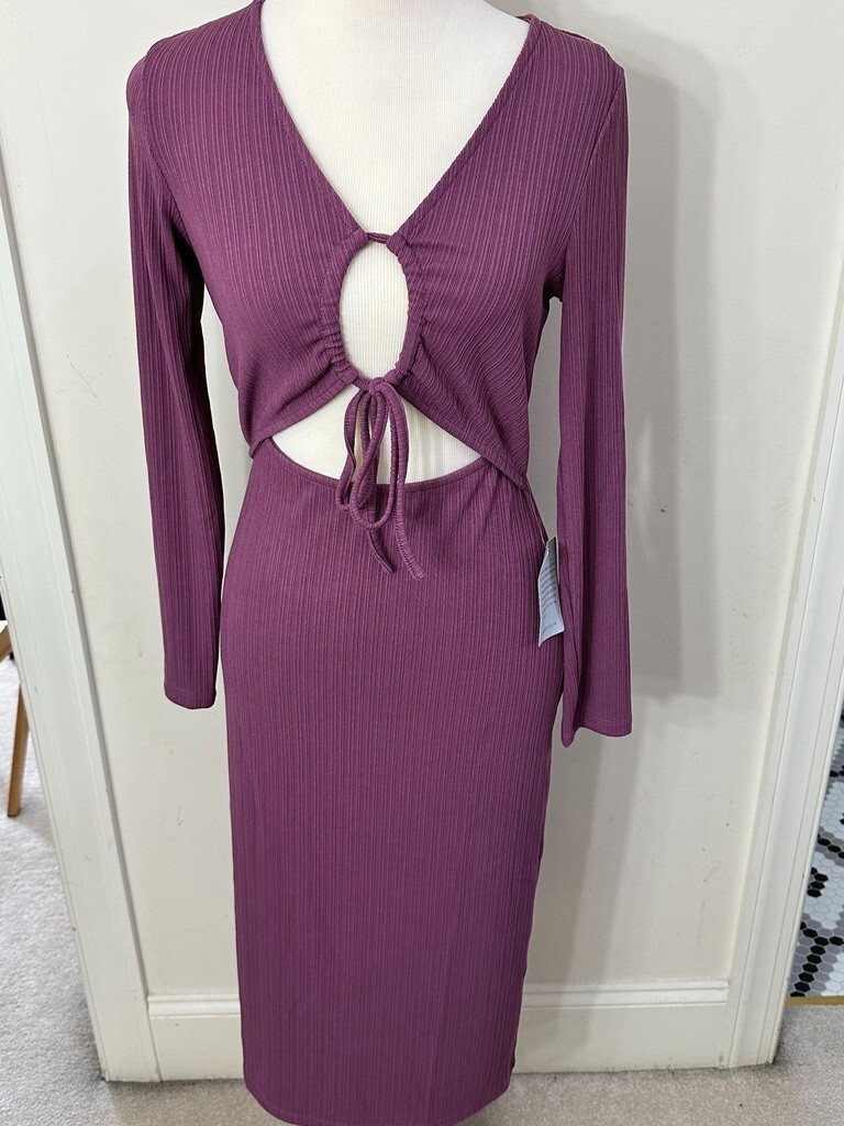 purple knit midi dress Vintage Purple Ribbed Knit One Sleeve Fitted Midi Dress