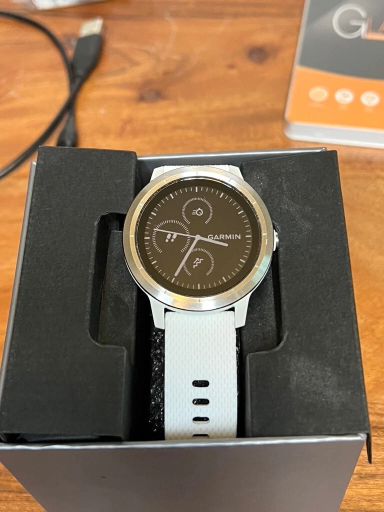 Garmin Vivoactive 3 GPS Smartwatch -White/Stainless- w Box & Extras, Excellent!