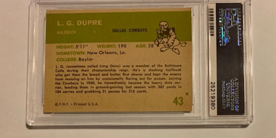 1961 Fleer LG Dupre #43 Dallas Cowboys Graded PSA 8 NM Mint - Image 2 of 2