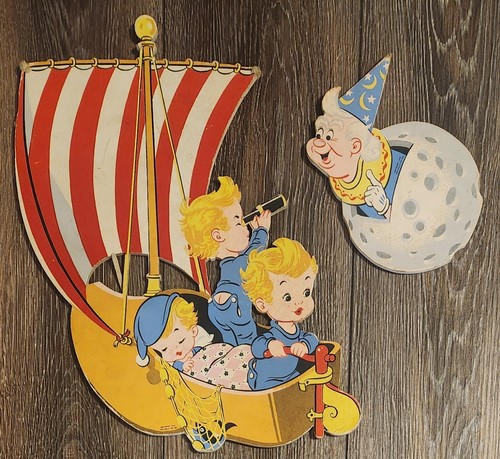 1957 Vintage Wynken, Blynken, & Nod The Dolly Toy Co Wall Art Cardboard ~15"x11"