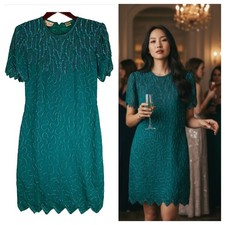 Vtg LAURENCE KAZAR Petite Small PS Dress Beaded Silk Green Formal Cocktail J