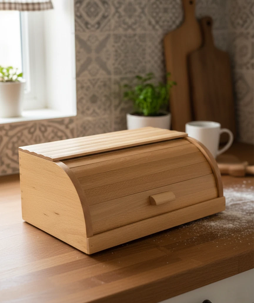 Natural Beech Wood Bread Box with Roll-Top Lid (14×10×6 inches)
Opens in a new window or tab