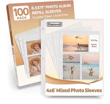 Dunwell Photo Sleeves For 3 Ring Binder (4x6 Mixed) 100 Sheets Holds 600 Pics