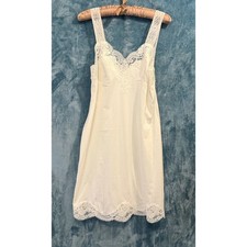 Vintage Ivory White Full Slip Dress Lace Trim Floral Scalloped Hem Lingerie