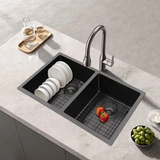 31" x 18" Double Bowl Sink, Kitchen Sink, Sink with Grid and Drainer