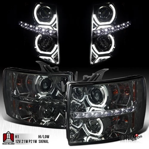 Fit 2007-2014 Chevy Silverado 1500 2500HD Smoke LED Halo Projector Headlights