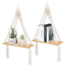 Macrame Wall Hanging Shelf Set of 2Boho Wooden Display Floating Shelves for W...
