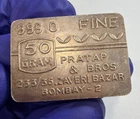 .999 FINE SILVER BAR : W – 50 GRAM : PRATAP & BROS 233/35. ZAVERI BAZAR BOMBAY