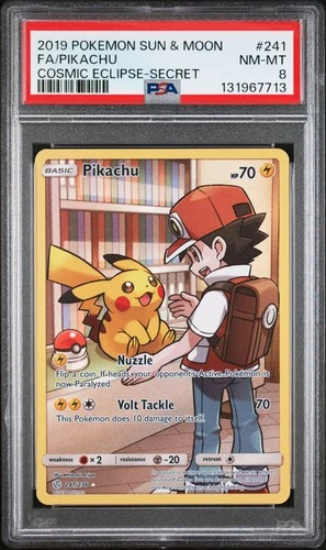 2019 POKEMON SUN & MOON COSMIC ECLIPSE SECRET #241 FULL ART/PIKACHU PSA 8