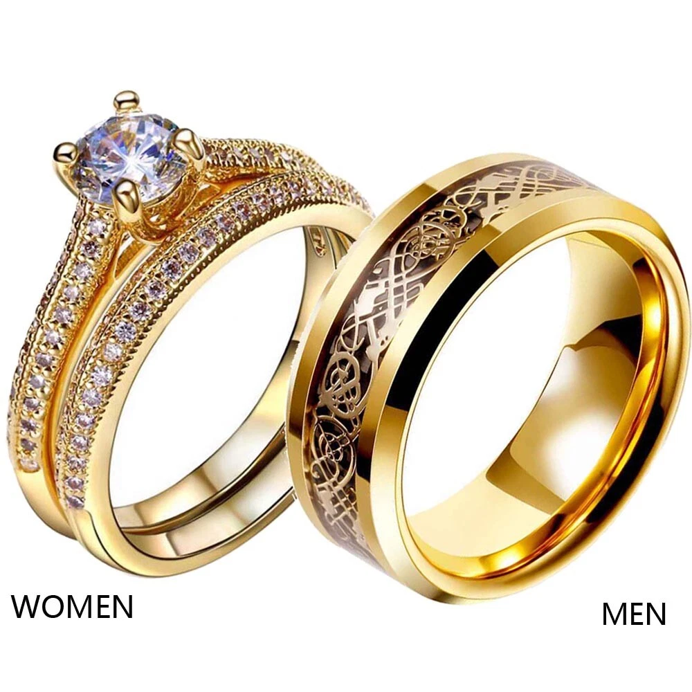 Couple Rings Matching Rings AAA CZ Yellow Gold Plated Women s Wedding Ring Sets