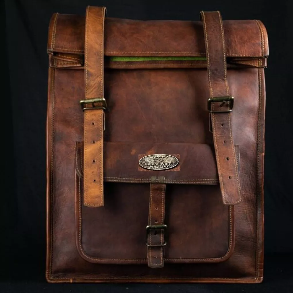 Leather Roll Bag Men s Backpack Haversack Travel Top Rucksack New Dark Brown Bag