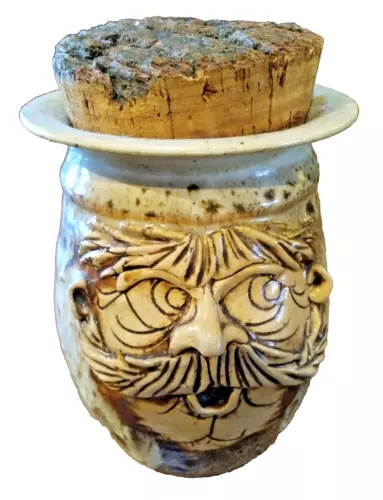 Mustache Face Art Pottery Canister Jar Vintage Mid Century Stoneware 7" signed
